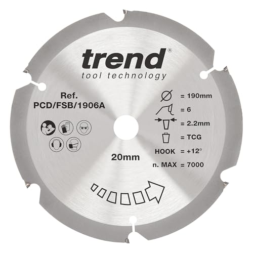 Trend Kreissägeblatt aus PCD-Faserzement, 190 mm Durchmesser, 20 mm Bohrung, 6 Zähne, 2,2 mm Schnittfuge, +12° Haken, PKD, grobe Oberfläche, PCD/FSB/1906A von TREND