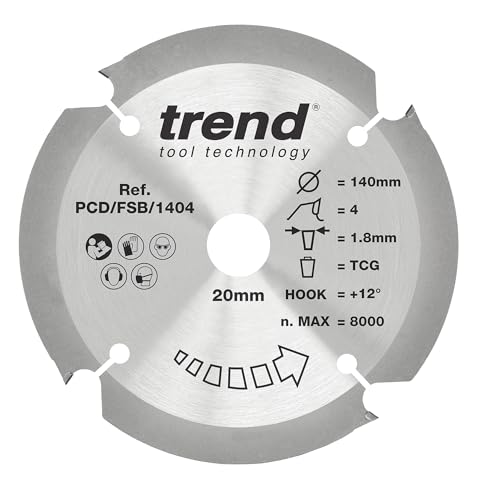 Trend Kreissägeblatt aus PKD-Faserzement, 140 mm Durchmesser, 20 mm Bohrung, 4 Zähne, 1,8 mm Schnittfuge, +12° Haken, PKD, grobe Oberfläche, PCD/FSB/1404 von TREND
