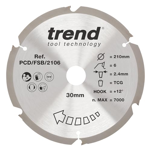 Trend Kreissägeblatt aus PKD-Faserzement, 210 mm Durchmesser, 30 mm Bohrung, 6 Zähne, 2,4 mm Schnittfuge, +12° Haken, PKD, grobe Oberfläche, PCD/FSB/2106 Trend Kreissägeblatt aus PKD-Faserzement, 210 mm Durchmesser, 30 mm Bohrung, 6 Zähne, 2,4 mm Schnittfuge, +12° Haken, PKD, grobe Oberfläche, PCD/FSB/2106 von TREND