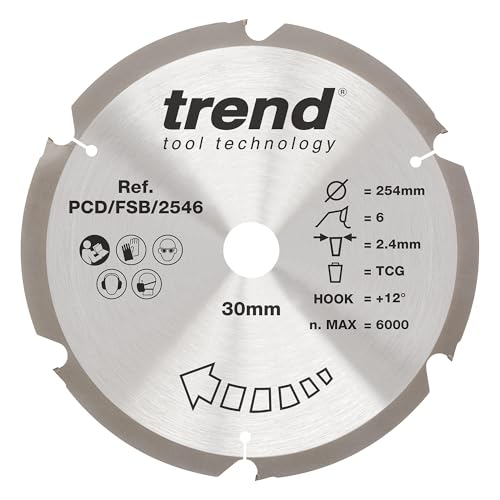 Trend Kreissägeblatt aus PKD-Faserzement, 254 mm Durchmesser, 30 mm Bohrung, 6 Zähne, 2,4 mm Schnittfuge, +12° Haken, PKD, grobe Oberfläche, PCD/FSB/2546 Trend Kreissägeblatt aus PKD-Faserzement, 254 mm Durchmesser, 30 mm Bohrung, 6 Zähne, 2,4 mm Schnittfuge, +12° Haken, PKD, grobe Oberfläche, PCD/FSB/2546 von TREND