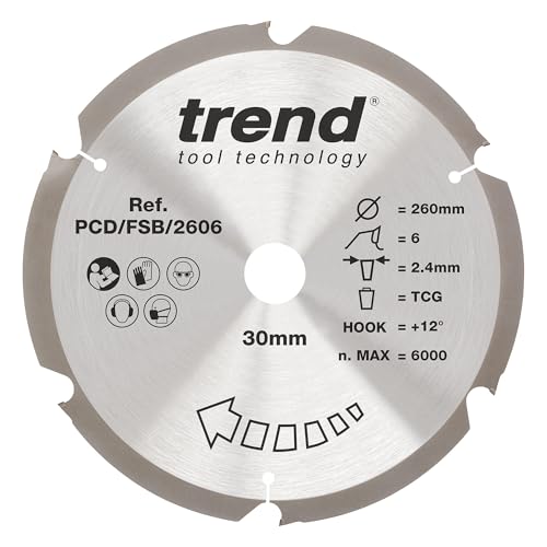Trend Kreissägeblatt aus PKD-Faserzement, 260 mm Durchmesser, 30 mm Bohrung, 6 Zähne, 2,4 mm Schnittfuge, +12° Haken, PKD, grobe Oberfläche, PCD/FSB/2606 Trend Kreissägeblatt aus PKD-Faserzement, 260 mm Durchmesser, 30 mm Bohrung, 6 Zähne, 2,4 mm Schnittfuge, +12° Haken, PKD, grobe Oberfläche, PCD/FSB/2606 von TREND