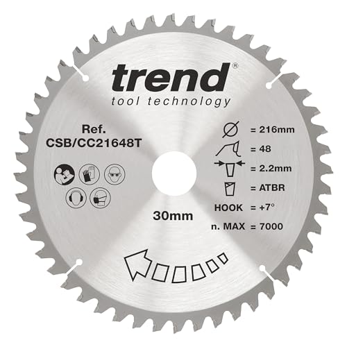 Trend Wood Akku-ATBR-Gehrungssägeblatt, 216 mm Durchmesser, 30 mm Bohrung, 48 Zähne, 2,2 mm Schnittfuge, +7° Haken, TCT, feine Oberfläche, CSB/CC21648T Trend Wood Akku-ATBR-Gehrungssägeblatt, 216 mm Durchmesser, 30 mm Bohrung, 48 Zähne, 2,2 mm Schnittfuge, +7° Haken, TCT, feine Oberfläche, CSB/CC21648T von TREND