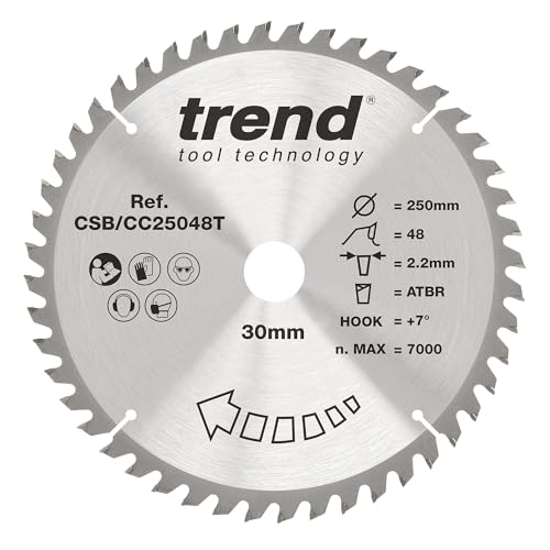 Trend Wood Akku-ATBR-Gehrungssägeblatt, 250 mm Durchmesser, 30 mm Bohrung, 48 Zähne, 2,2 mm Schnittfuge, +7° Haken, TCT, mittlere Oberfläche, CSB/CC25048T Trend Wood Akku-ATBR-Gehrungssägeblatt, 250 mm Durchmesser, 30 mm Bohrung, 48 Zähne, 2,2 mm Schnittfuge, +7° Haken, TCT, mittlere Oberfläche, CSB/CC25048T von TREND