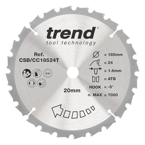 Trend Wood Akku-Gehrungssägeblatt, 185 mm Durchmesser, 20 mm Bohrung, 24 Zähne, 1,6 mm Schnittfuge, -5° Haken, TCT, mittlere Oberfläche, CSB/CC18524T Trend Wood Akku-Gehrungssägeblatt, 185 mm Durchmesser, 20 mm Bohrung, 24 Zähne, 1,6 mm Schnittfuge, -5° Haken, TCT, mittlere Oberfläche, CSB/CC18524T von TREND