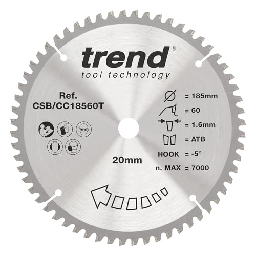 Trend Wood Akku-Gehrungssägeblatt, 185 mm Durchmesser, 20 mm Bohrung, 60 Zähne, 1,6 mm Schnittfuge, -5° Haken, TCT, extrafeine Oberfläche, CSB/CC18560T Trend Wood Akku-Gehrungssägeblatt, 185 mm Durchmesser, 20 mm Bohrung, 60 Zähne, 1,6 mm Schnittfuge, -5° Haken, TCT, extrafeine Oberfläche, CSB/CC18560T von TREND