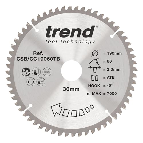 Trend Wood Akku-Gehrungssägeblatt, 190 mm Durchmesser, 30 mm Bohrung, 60 Zähne, 2,3 mm Schnittfuge, -5° Haken, TCT, extrafeine Oberfläche, CSB/CC19060TB Trend Wood Akku-Gehrungssägeblatt, 190 mm Durchmesser, 30 mm Bohrung, 60 Zähne, 2,3 mm Schnittfuge, -5° Haken, TCT, extrafeine Oberfläche, CSB/CC19060TB von TREND
