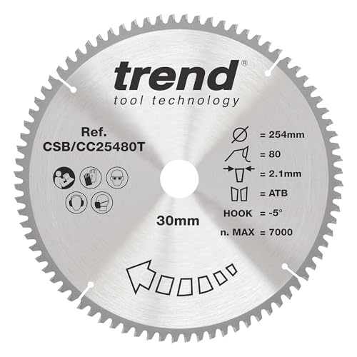 Trend Wood Akku-Gehrungssägeblatt, 254 mm Durchmesser, 30 mm Bohrung, 80 Zähne, 2,1 mm Schnittfuge, -5° Haken, TCT, extrafeine Oberfläche, CSB/CC25480T Trend Wood Akku-Gehrungssägeblatt, 254 mm Durchmesser, 30 mm Bohrung, 80 Zähne, 2,1 mm Schnittfuge, -5° Haken, TCT, extrafeine Oberfläche, CSB/CC25480T von TREND