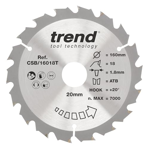 Trend Wood Akku-Kreissägeblatt, 160 mm Durchmesser, 20 mm Bohrung, 18 Zähne, 1,8 mm Schnittfuge, +20° Haken, TCT, grobe Oberfläche, CSB/16018T Trend Wood Akku-Kreissägeblatt, 160 mm Durchmesser, 20 mm Bohrung, 18 Zähne, 1,8 mm Schnittfuge, +20° Haken, TCT, grobe Oberfläche, CSB/16018T von TREND