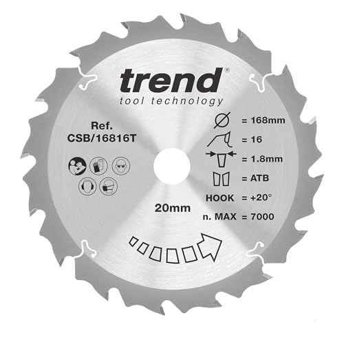Trend Wood Akku-Kreissägeblatt, 168 mm Durchmesser, 20 mm Bohrung, 16 Zähne, 1,8 mm Schnittfuge, +20° Haken, TCT, grobe Oberfläche, CSB/16816T Trend Wood Akku-Kreissägeblatt, 168 mm Durchmesser, 20 mm Bohrung, 16 Zähne, 1,8 mm Schnittfuge, +20° Haken, TCT, grobe Oberfläche, CSB/16816T von TREND