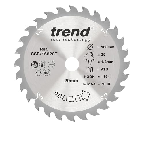 Trend Wood Akku-Kreissägeblatt, 168 mm Durchmesser, 20 mm Bohrung, 28 Zähne, 1,8 mm Schnittfuge, +15° Haken, TCT, mittlere Oberfläche, CSB/16828T Trend Wood Akku-Kreissägeblatt, 168 mm Durchmesser, 20 mm Bohrung, 28 Zähne, 1,8 mm Schnittfuge, +15° Haken, TCT, mittlere Oberfläche, CSB/16828T von TREND