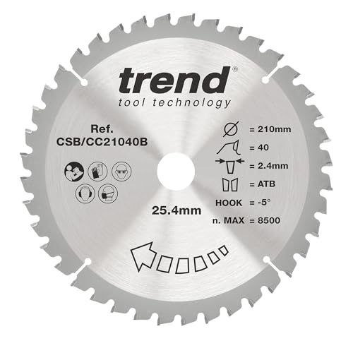 Trend Wood Gehrungssägeblatt, 210 mm Durchmesser, 25,40 mm Bohrung, 40 Zähne, 2,4 mm Schnittfuge, -5° Haken, TCT, feine Oberfläche, CSB/CC21040B Trend Wood Gehrungssägeblatt, 210 mm Durchmesser, 25,40 mm Bohrung, 40 Zähne, 2,4 mm Schnittfuge, -5° Haken, TCT, feine Oberfläche, CSB/CC21040B von TREND