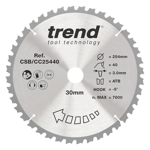 Trend Wood Gehrungssägeblatt, 254 mm Durchmesser, 30 mm Bohrung, 40 Zähne, 3 mm Schnittfuge, -5° Haken, TCT, mittlere Oberfläche, CSB/CC25440 Trend Wood Gehrungssägeblatt, 254 mm Durchmesser, 30 mm Bohrung, 40 Zähne, 3 mm Schnittfuge, -5° Haken, TCT, mittlere Oberfläche, CSB/CC25440 von TREND
