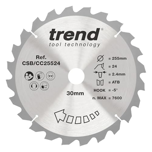 Trend Wood Gehrungssägeblatt, 255 mm Durchmesser, 30 mm Bohrung, 24 Zähne, 2,4 mm Schnittfuge, -5° Haken, TCT, grobe Oberfläche, CSB/CC25524 Trend Wood Gehrungssägeblatt, 255 mm Durchmesser, 30 mm Bohrung, 24 Zähne, 2,4 mm Schnittfuge, -5° Haken, TCT, grobe Oberfläche, CSB/CC25524 von TREND