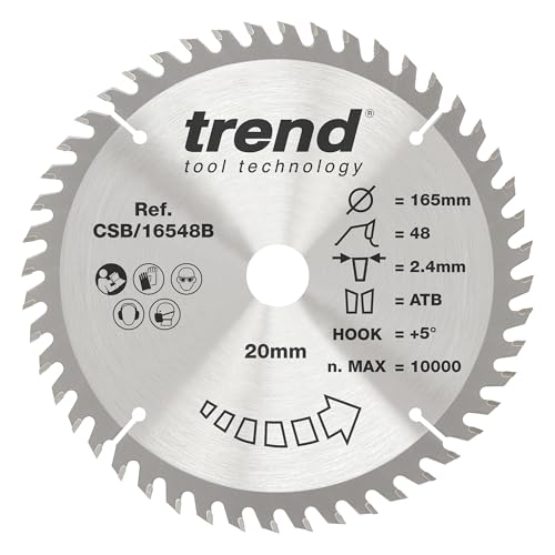 Trend Holz Kreissägeblatt, 165mm Durchmesser, 20mm Bohrung, 48 Zähne, HW, 2,2mm Schnittbreite, +15° Haken, CSB/16548B von TREND