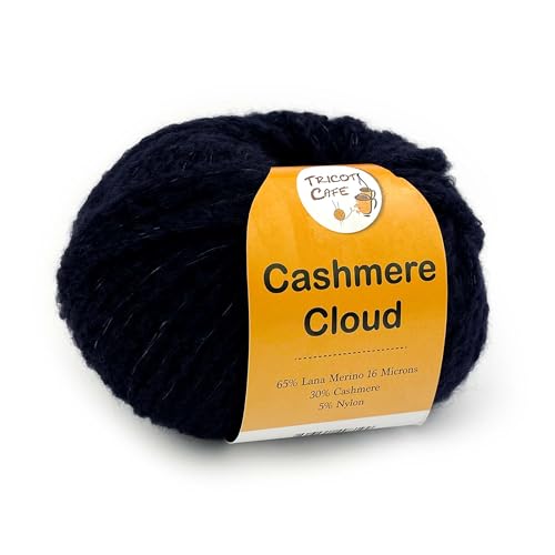 TRICOT CAFE' Cashmere Cloud Wolle zum Stricken/Häkeln, 65 % Merinowolle, 30 % Kaschmir, 5 % Nylon, Nachtblau 19 von TRICOT CAFE'