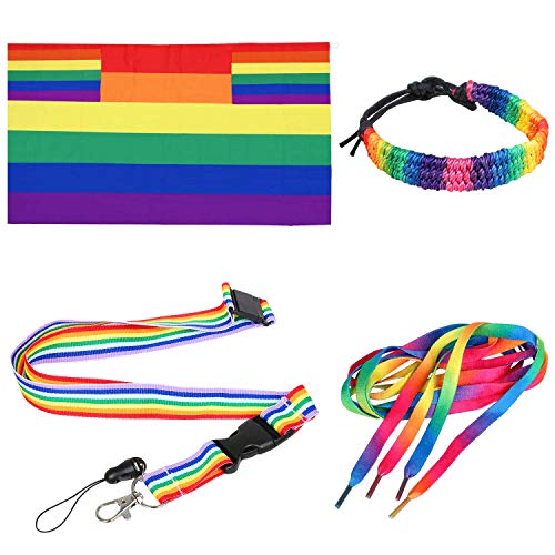 TRIXES 4-teiliges Regenbogen Gay Pride Day Accessories Set für Erwachsene Mehrfarbig Flagge Cape Lanyard Schnürsenkel und Armbänder für Festivals Karneval und LGBTQ Events von TRIXES