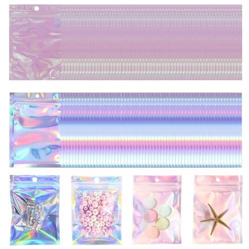 TRKETK 120 Stück Kleine Druckverschlussbeutel, Geruchsdichte Beutel mit Klarem Fenster Probenbeutel aus Aluminiumfolie Wiederverschließbare Süße Beutel Holografische Verpackungsbeutel (7 x 10 cm) von TRKETK