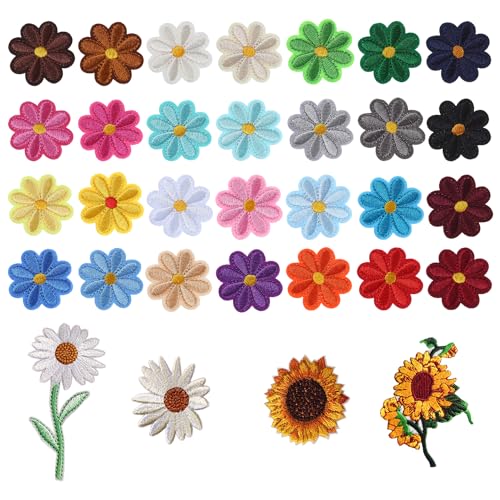 TRKETK 32 Stück Blumen Zum Aufbügeln, Dekorative Gestickte Patches Applikations-Set Gemischte Farben Gänseblümchen Sonnenblumen zum Aufbügeln Nähen Blumen-Reparatur-Patch für DIY-Zubehör Kleidung Hüte von TRKETK