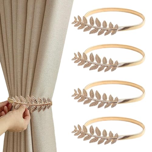 TRKETK 4 Stück Vorhang Raffhalter, Goldene Vorhanghalter Vorhang Klammern Seil Verstellbare Goldene Blatt Vorhang Raffhalter Alloy Curtain Holder für Zuhause Hotel Schlafzimmer Büro (Goldene Blätter) von TRKETK