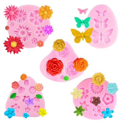 TRKETK 5 Stück Silikonform, Blume 3D Fondant Blumenformen DIY Gänseblümchen-Blumenformen Wiederverwendbar Back Silikonformen für Süßigkeiten Gelee Kuchen Seife Zucker Wachs Schmelzen (Rosa) von TRKETK