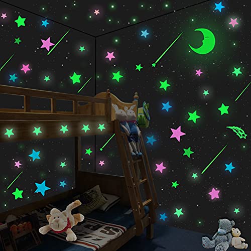 206 Stücke Glow in The Dark Sterne and Moon Decals for Night Wall Decor, 3D Glowing Starry Sky Stars and Large Moon Stickers for Children Room Walls, Ceiling Decoration von TRLREQ