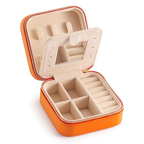 TRODANCE Schmuck-Reise-Etui mit Spiegel, kleiner Reise-Schmuck-Organizer, tragbare Schmuckschatulle, Reise-Mini-Aufbewahrungs-Organizer, Halsketten, Geschenke (orange) von TRODANCE