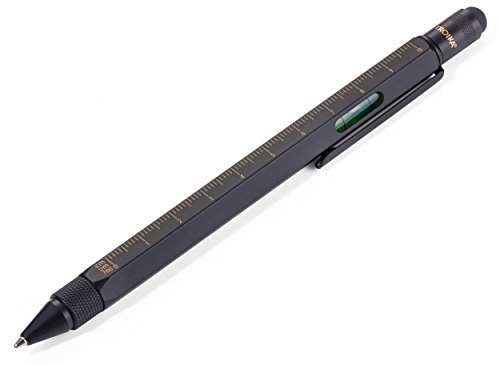 TROIKA CONSTRUCTION Multitasking-Kugelschreiber - PIP20/BG - schwarz/gold - Zentimeter- und Zoll-Lineal - 1:20 m und 1:50 m Skala - Wasserwaage - Schlitz- und Kreuzschraubendreher - Stylus von TROIKA