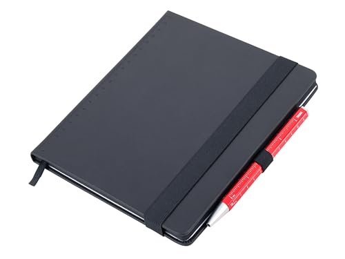 TROIKA Notizblock schwarz DIN A5 BLACK SLIMPAD inkl. Kugelschreiber rot, Elastikband-Verschluss, Punktraster, Stiftschlaufe, Lesezeichen, FSC zert. Papier, eingefärbte Seitenränder, Kunstleder von TROIKA