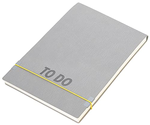 TROIKA Notizblock to do Pad, im DIN A5- Format, in der Farbe grau, aus mattem Kunstleder, mit 88 perforierte Blätter, gedrucktes Lineal auf Deckblatt, elastische gelbe Kordel als Verschluss, NTD25/GY von TROIKA
