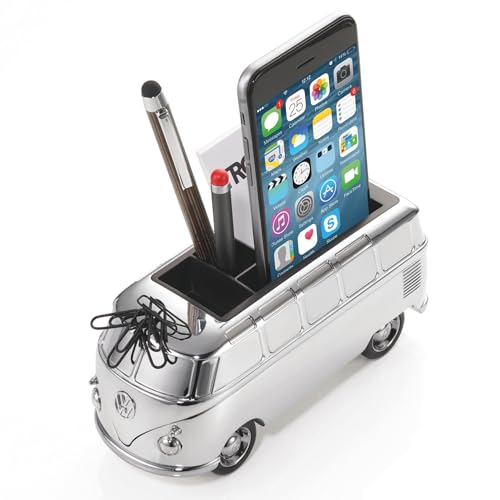 TROIKA VW Bulli — GAP06/CH (T1, Samba Bus, 1962) – Stifteköcher – Fach für Smartphones + Visitenkarten – Magnet – 5 Büroklammern – Rückziehmotor – glänzend – Official licensed product by Volkswagen von TROIKA
