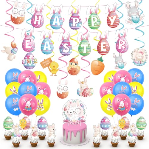 Hase luftballon Ostern Kaninchen Osterei Party deko Oster Kaninchen-Thema Folienballons set mit Einführungskarte für Kuchen, Kinder Geburtstag Party Dekoration (4pcs Set) von TROYSINC