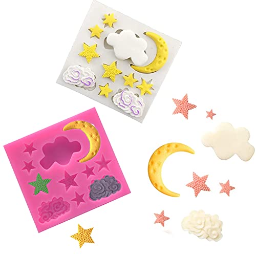 TROYSINC 2 Stück Mond Stern Wolke Silikon Form,3D Backen Silikonformen,Lebensmittel silikon Fondant dekorieren mond Sterne Wolken Form Cutter,für Kuchendekoration, Fondant,Schokolade von TROYSINC