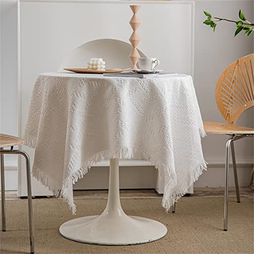 TROYSINC Boho Makramee Tischdecke, Weiß Spitzentischdecke Baumwolle Tischdeckchen mit Quaste, Rechteckig Tischtuch Tisch Dekor für Küche, Hochzeit (130 x 130 cm) von TROYSINC