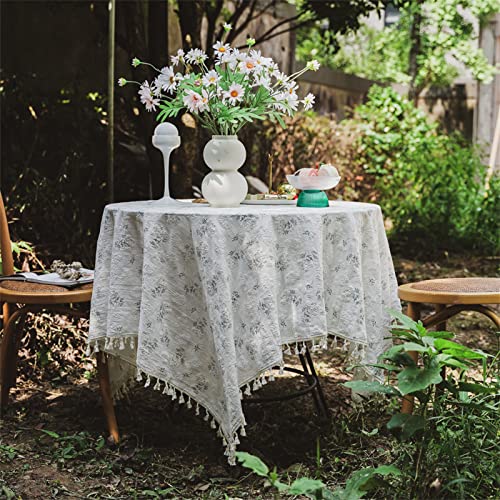 TROYSINC Modern Baumwolle Tischdecke,Landhausstil Tischdeckchen mit Quaste, Blumenmuster Tischtuch, Vintage Tisch Dekor für Küche Hochzeit Party (100 x 140 cm) von TROYSINC