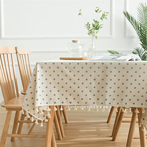 TROYSINC Tischdecke Landhausstil, Blau Gänseblümchen Druck Tischtuch mit Quaste, Baumwolle Leinen Abwaschbar Table Cloth, Dekor Tischdecke für Esszimmer Küche (140 x 140 cm) von TROYSINC