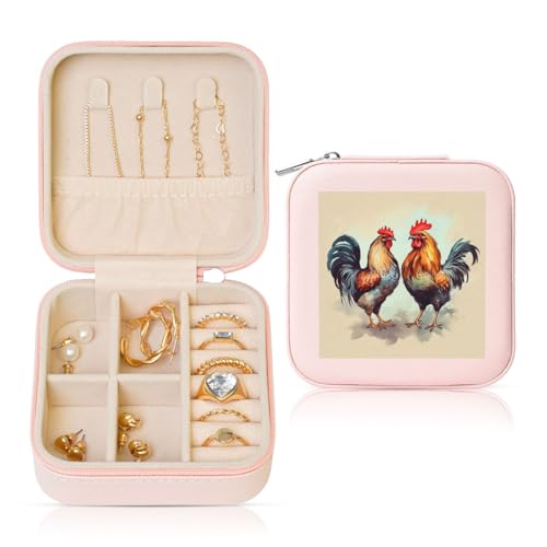 TRSGKSQP Schmuckschatulle für Damen, Leder, Reise-Schmuckkästchen, Hahn und Henne, tragbare Schmuck-Organizer-Box, Mini-Reiseetui mit Reißverschluss für Ohrringe, Armbänder, Ringe von TRSGKSQP