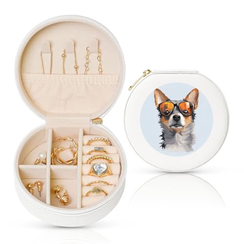 TRSGKSQP Schmuckschatulle für Damen und Mädchen, Leder, Reise-Schmucketui, Chihuahua, Hund, Brille, tragbare Schmuck-Organizer-Box mit Reißverschluss für Ohrringe, Armbänder, Ringe TRSGKSQP Schmuckschatulle für Damen und Mädchen, Leder, Reise-Schmucketui, Chihuahua, Hund, Brille, tragbare Schmuck-Organizer-Box mit Reißverschluss für Ohrringe, Armbänder, Ringe von TRSGKSQP
