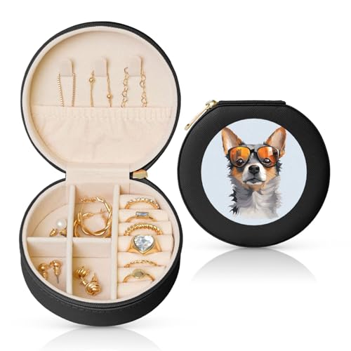 TRSGKSQP Schmuckschatulle für Damen und Mädchen, Leder, Reise-Schmucketui, Chihuahua, Hund, Brille, tragbare Schmuck-Organizer-Box mit Reißverschluss für Ohrringe, Armbänder, Ringe TRSGKSQP Schmuckschatulle für Damen und Mädchen, Leder, Reise-Schmucketui, Chihuahua, Hund, Brille, tragbare Schmuck-Organizer-Box mit Reißverschluss für Ohrringe, Armbänder, Ringe von TRSGKSQP