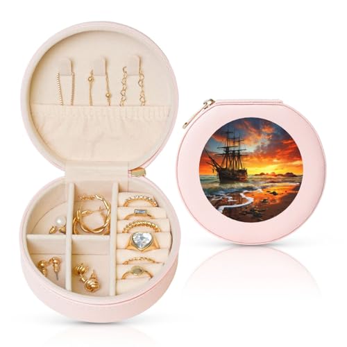 TRSGKSQP Schmuckschatulle für Damen und Mädchen, Leder, Reise-Schmucketui, Piratenschiff im Sonnenuntergang, tragbare Schmuck-Organizer-Box mit Reißverschluss für Ohrringe, Armbänder, Ringe TRSGKSQP Schmuckschatulle für Damen und Mädchen, Leder, Reise-Schmucketui, Piratenschiff im Sonnenuntergang, tragbare Schmuck-Organizer-Box mit Reißverschluss für Ohrringe, Armbänder, Ringe von TRSGKSQP