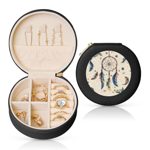 TRSGKSQP Schmuckschatulle für Damen und Mädchen, Leder, Reise-Schmucketui, Traumfänger und Mond, tragbare Schmuck-Organizer-Box mit Reißverschluss für Ohrringe, Armbänder, Ringe TRSGKSQP Schmuckschatulle für Damen und Mädchen, Leder, Reise-Schmucketui, Traumfänger und Mond, tragbare Schmuck-Organizer-Box mit Reißverschluss für Ohrringe, Armbänder, Ringe von TRSGKSQP