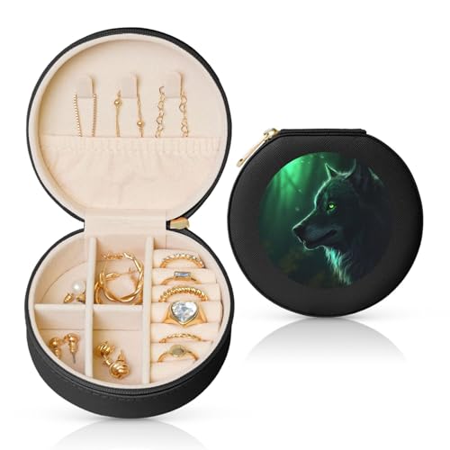 TRSGKSQP Schmuckschatulle für Damen und Mädchen, Leder, Reise-Schmucketui, grüner Wolf, tragbare Schmuck-Organizer-Box mit Reißverschluss für Ohrringe, Armbänder, Ringe TRSGKSQP Schmuckschatulle für Damen und Mädchen, Leder, Reise-Schmucketui, grüner Wolf, tragbare Schmuck-Organizer-Box mit Reißverschluss für Ohrringe, Armbänder, Ringe von TRSGKSQP