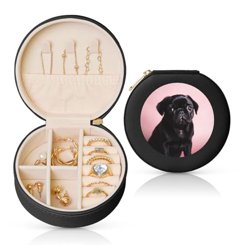 TRSGKSQP Schmuckschatulle für Damen und Mädchen, Leder, Reise-Schmucketui, niedlicher schwarzer Mops, tragbare Schmuck-Organizer-Box mit Reißverschluss für Ohrringe, Armbänder, Ringe TRSGKSQP Schmuckschatulle für Damen und Mädchen, Leder, Reise-Schmucketui, niedlicher schwarzer Mops, tragbare Schmuck-Organizer-Box mit Reißverschluss für Ohrringe, Armbänder, Ringe von TRSGKSQP