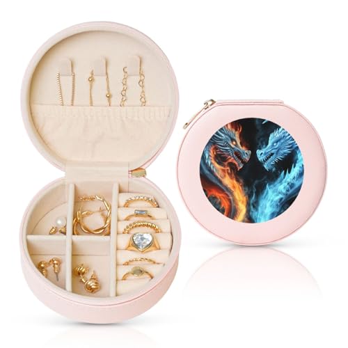 TRSGKSQP Schmuckschatulle für Damen und Mädchen, Leder, Reise-Schmuckkästchen, Eis- und Feuerdrachen, tragbare Schmuck-Organizer-Box mit Reißverschluss für Ohrringe, Armbänder, Ringe von TRSGKSQP