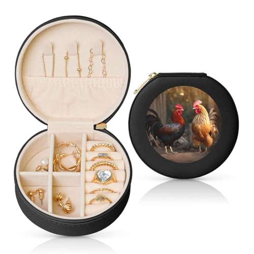 TRSGKSQP Schmuckschatulle für Damen und Mädchen, Leder, Reise-Schmuckkästchen, Hahn und Huhn, tragbare Schmuck-Organizer-Box mit Reißverschluss für Ohrringe, Armbänder, Ringe von TRSGKSQP
