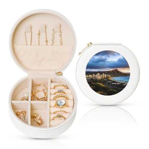 TRSGKSQP Schmuckschatulle für Damen und Mädchen, Leder, Reise-Schmuckkästchen, Hawaii-Skyline, Diamantkopf, Vulkan, tragbare Schmuck-Organizer-Box mit Reißverschluss für Ohrringe, Armbänder, Ringe von TRSGKSQP