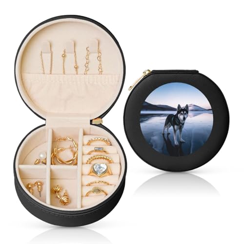 TRSGKSQP Schmuckschatulle für Damen und Mädchen, Leder, Reise-Schmuckkästchen, Husky-Hund auf einem gefrorenen See, tragbare Schmuck-Organizer-Box mit Reißverschluss für Ohrringe, Armbänder, Ringe TRSGKSQP Schmuckschatulle für Damen und Mädchen, Leder, Reise-Schmuckkästchen, Husky-Hund auf einem gefrorenen See, tragbare Schmuck-Organizer-Box mit Reißverschluss für Ohrringe, Armbänder, Ringe von TRSGKSQP