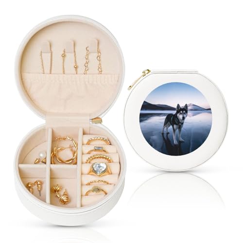TRSGKSQP Schmuckschatulle für Damen und Mädchen, Leder, Reise-Schmuckkästchen, Husky-Hund auf einem gefrorenen See, tragbare Schmuck-Organizer-Box mit Reißverschluss für Ohrringe, Armbänder, Ringe TRSGKSQP Schmuckschatulle für Damen und Mädchen, Leder, Reise-Schmuckkästchen, Husky-Hund auf einem gefrorenen See, tragbare Schmuck-Organizer-Box mit Reißverschluss für Ohrringe, Armbänder, Ringe von TRSGKSQP