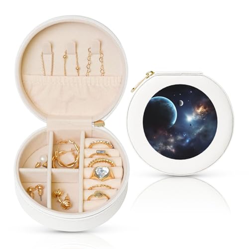 TRSGKSQP Schmuckschatulle für Damen und Mädchen, Leder, Reise-Schmuckkästchen, Mond, Sterne und Planeten, tragbare Schmuck-Organizer-Box mit Reißverschluss für Ohrringe, Armbänder, Ringe TRSGKSQP Schmuckschatulle für Damen und Mädchen, Leder, Reise-Schmuckkästchen, Mond, Sterne und Planeten, tragbare Schmuck-Organizer-Box mit Reißverschluss für Ohrringe, Armbänder, Ringe von TRSGKSQP