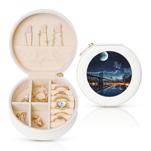 TRSGKSQP Schmuckschatulle für Damen und Mädchen, Leder, Reise-Schmuckkästchen, Mondlicht, New York City, tragbare Schmuck-Organizer-Box mit Reißverschluss für Ohrringe, Armbänder, Ringe von TRSGKSQP