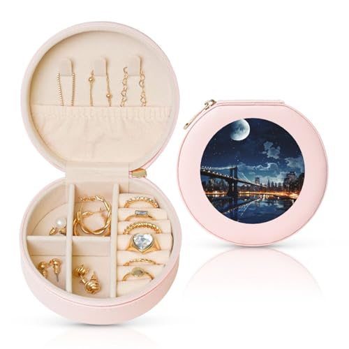 TRSGKSQP Schmuckschatulle für Damen und Mädchen, Leder, Reise-Schmuckkästchen, Mondlicht, New York City, tragbare Schmuck-Organizer-Box mit Reißverschluss für Ohrringe, Armbänder, Ringe TRSGKSQP Schmuckschatulle für Damen und Mädchen, Leder, Reise-Schmuckkästchen, Mondlicht, New York City, tragbare Schmuck-Organizer-Box mit Reißverschluss für Ohrringe, Armbänder, Ringe von TRSGKSQP